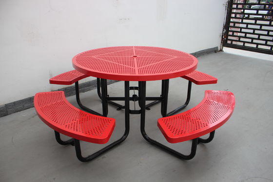 Commercial Garden Round Picnic Table Set Perforated Steel Material With Four Benches