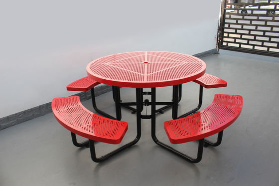 Commercial Garden Round Picnic Table Set Perforated Steel Material With Four Benches