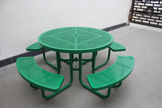 Commercial Garden Round Picnic Table Set Perforated Steel Material With Four Benches