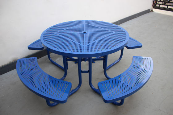 Commercial Garden Round Picnic Table Set Perforated Steel Material With Four Benches