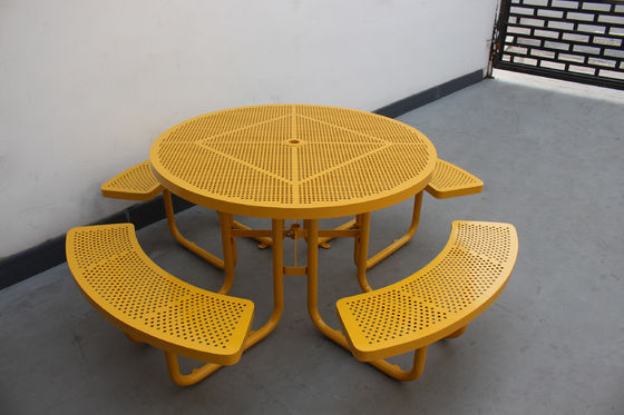 Commercial Garden Round Picnic Table Set Perforated Steel Material With Four Benches