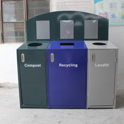 3 Compartment Steel Outdoor Trash Cans With Cover Lid Rustproof