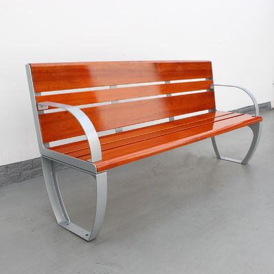 Outdoor Park Wooden Bench Seat With Back Antiseptic Wood Glossy Metallic Silver Steel Color