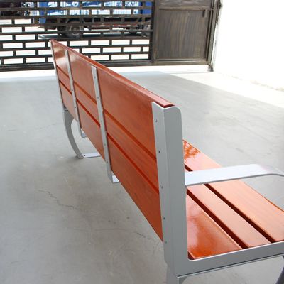 Outdoor Park Wooden Bench Seat With Back Antiseptic Wood Glossy Metallic Silver Steel Color