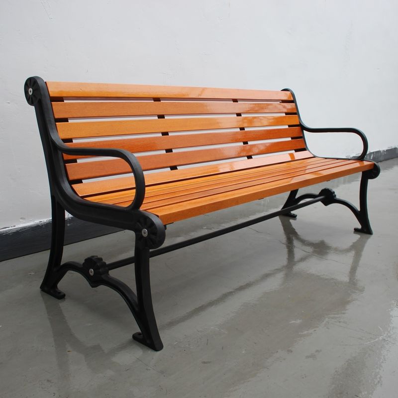 Solid Timber Outdoor Wooden Bench Surface Mounted Type With Black Steel Frame